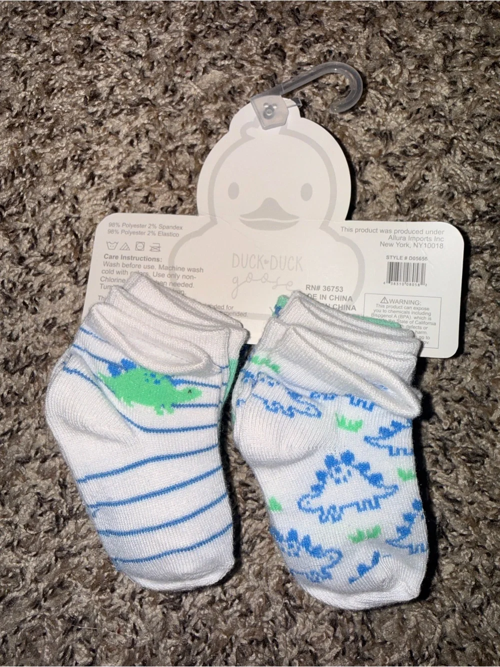 Duck Duck Goose 10-Pack Baby Socks (12-24M) - White with Blue & Green Prints